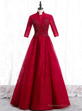 A-Line Burgundy Tulle Lace High Neck Short Sleeve Prom Dress
